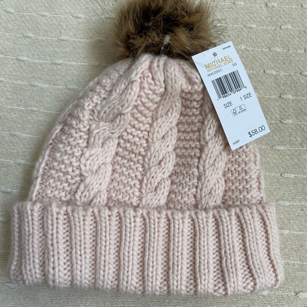 Michael Kors Pink Cable Knit Hat with Brown Pom NWT - Picture 2 of 3